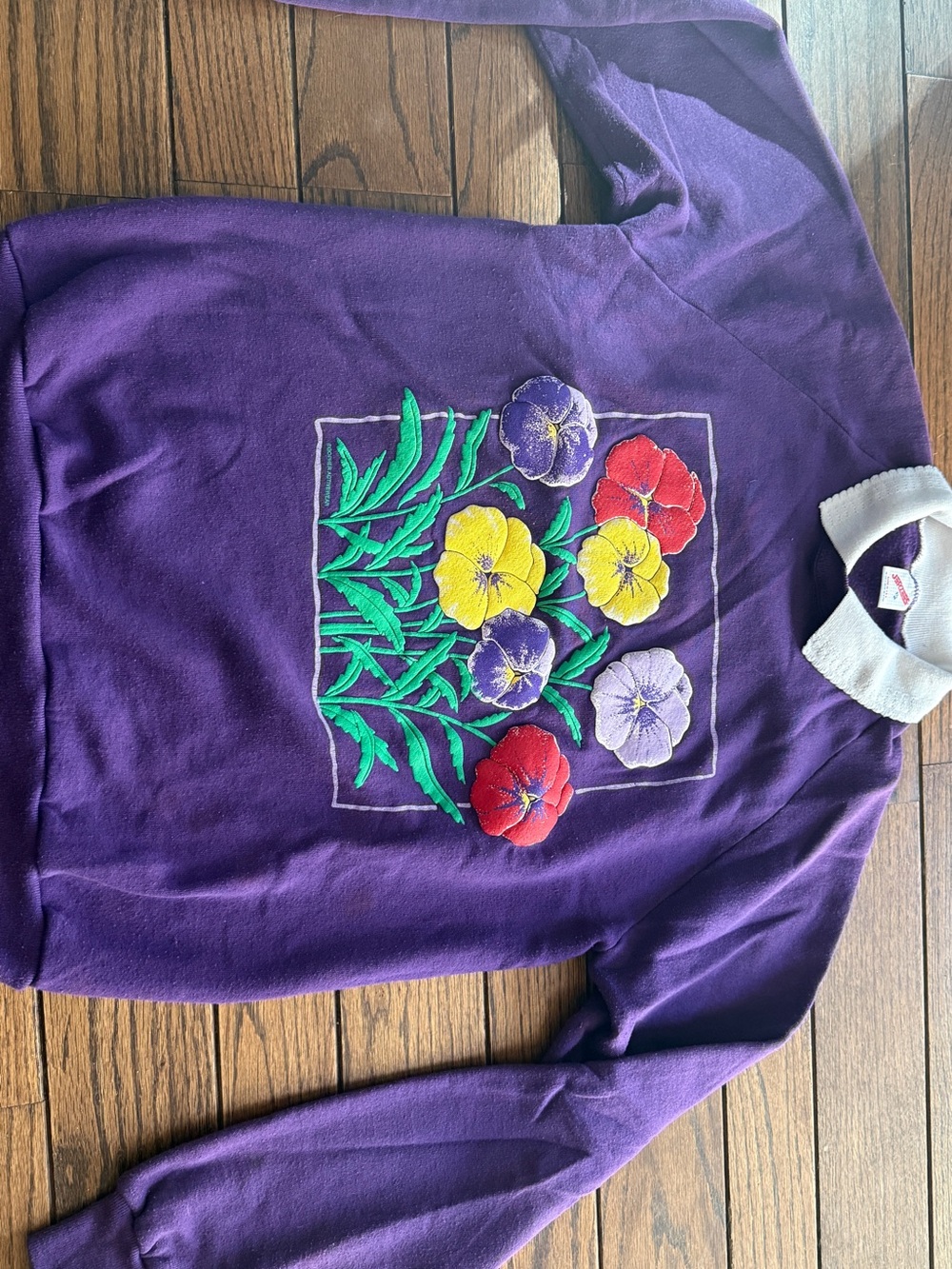 Jerzees Purple Floral Crewneck Sweater with White Collar